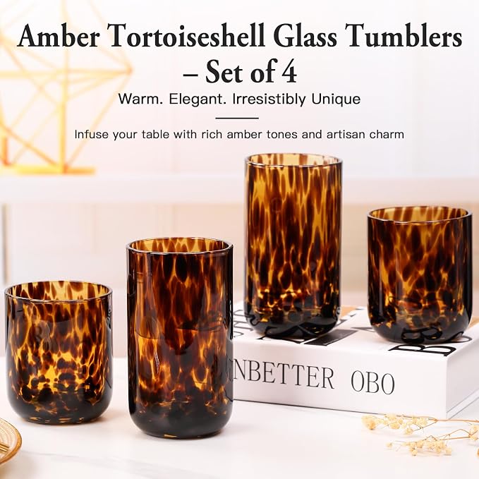 Tortoise Shell Drinking Glasses Set of 4, Brown Decorative Tortoise Shell Tumbler Cups for Wine & Drinks，Drinking Glasses for Wedding Gifts, Housewarming, Cocktail Party (4, 10oz+15oz)