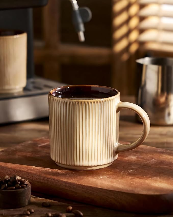 famiware Coffee Mug Set for 6, Star 12 oz Catering Mugs Cup Set with Handle for Coffee, Tea, Cocoa, Milk - Ceramic Stoneware Drinkware Set, Cream Cocoa