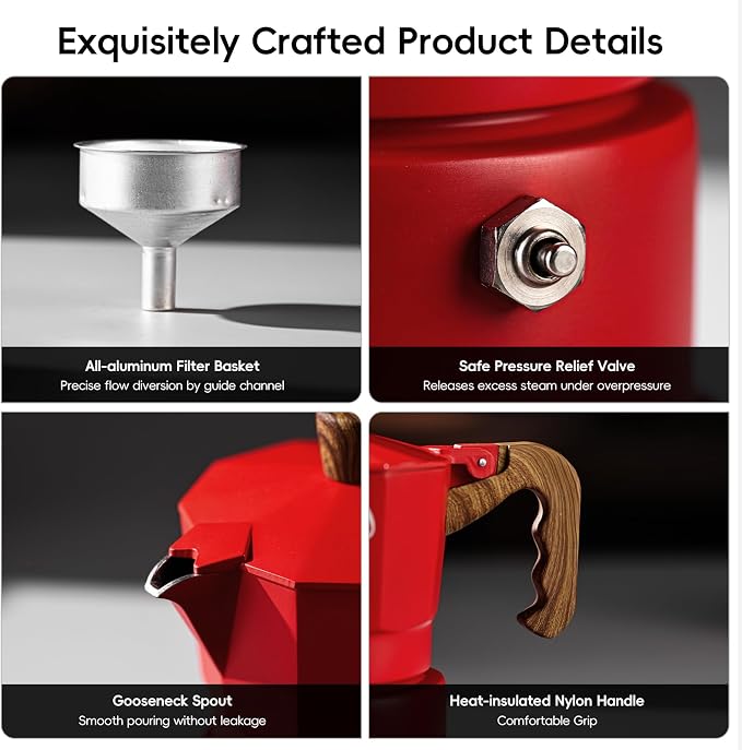 Bincoo Three-valve Espresso Maker Stovetop,2 Cups Camping Moka Pot Espresso Italian Coffee Maker,Rich Crema,Easy to Use (Red)