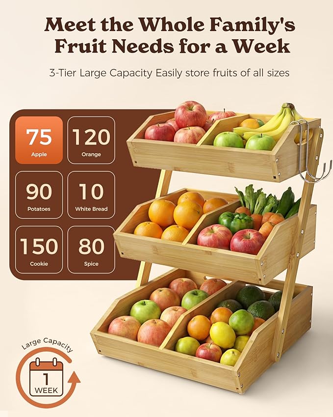 Sevenblue 3 Tier Wooden Fruit Basket with 2 Mobile Banana Holders, 3 Pack L-Shaped Pull Out Under Sink Organizers