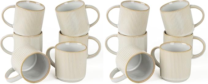 famiware Coffee Mug Set for 6, Star 12 oz Catering Mugs Cup Set with Handle for Coffee, Tea, Cocoa, Milk - Ceramic Stoneware Drinkware Set, Cappuccino White (Pack of 2)
