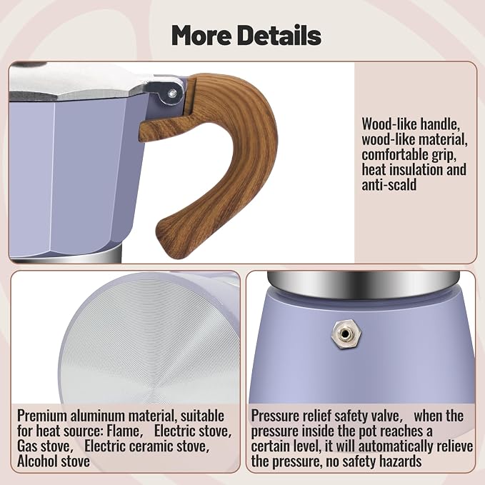 12 Cup Aluminum Moka Pot Classic Stovetop Espresso Coffee Maker 600ml 20oz Coffeemaker Percolator Mocha Pot Greca Coffee Maker Cafe Makers for Italian and Cuban Café Brewing Purple