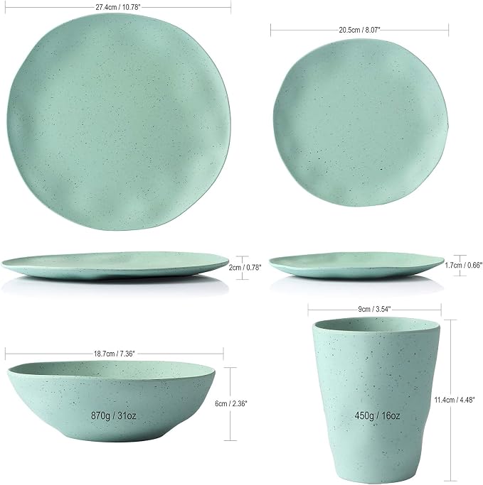 Morgiana 8 pcs Bamboo Sage Green Dinnerware Plates Set Reusable Camping Dish Set, Eco-Friendly Bamboo Plates, Cups, Bowls for 2 Person