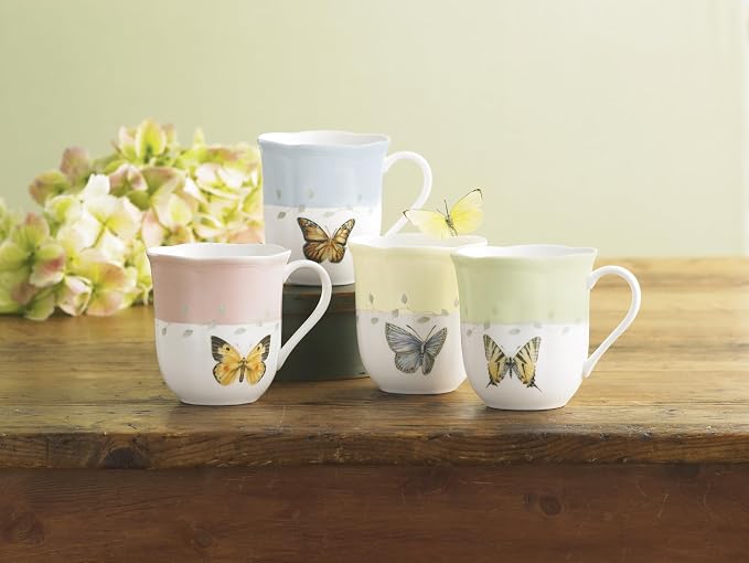 Lenox Coffee Mug Set, Butterfly Meadow Colors 4-Piece Mug Set, Service for 4, White Porcelain Mugs, 10 Oz Capacity, Microwave & Dishwasher Safe, Ceramic Mugs, Coffee Cups, Tea Cup (Assorted, 4 Piece)