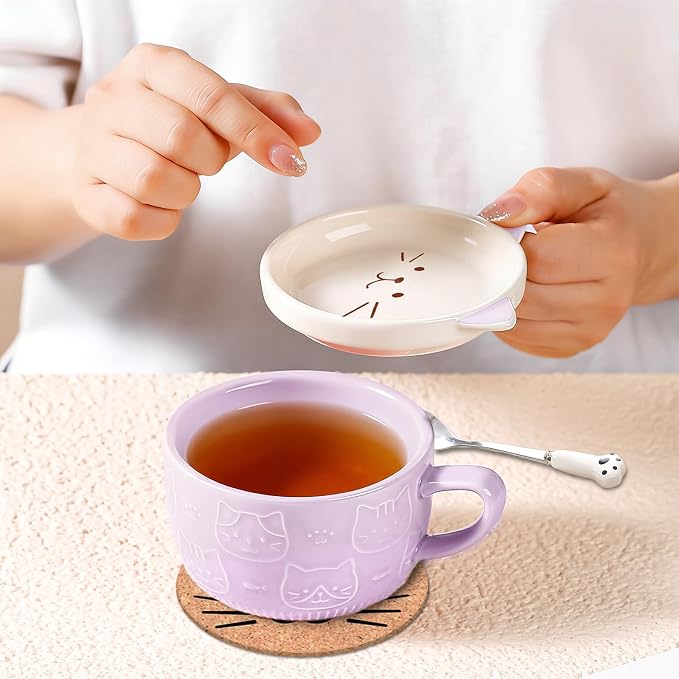 2PCS Cute Kawaii Cat Tea Cup Ceramic Coffee Mug with lid, Tea Cups and Saucers for Dessert, Cute Gifts for Cat Lovers, Anime Fans, Christmas for Women 10oz (Pink + Purple)