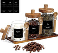 Suclain 3 Pcs Glass Coffee Container with Wooden Lid Spoon Shelf Labels Clear Airtight Jar Food Storage Canister Set for Sugar Spice Coffee Bean Holder Housewarming Gift(13.5,20,25 oz,Acacia Brown)