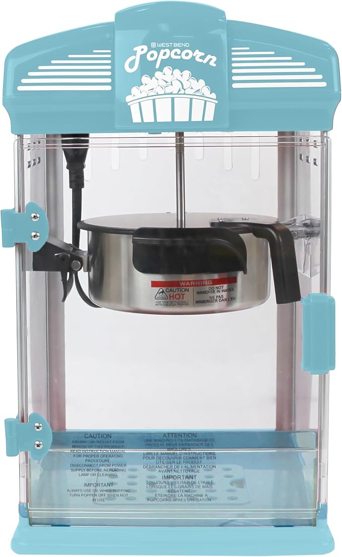 West Bend Stir Crazy Movie Theater Popcorn Popper, Gourmet Popcorn Maker Machine with Nonstick Popcorn Kettle, Measuring Tool and Popcorn Scoop for Popcorn Machine, 4 Qt., Blue