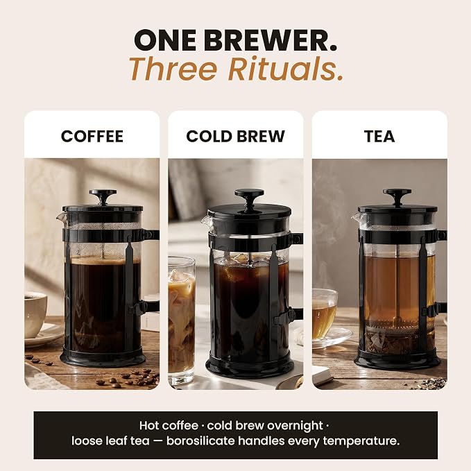 EzDtach French Press Coffee Maker 34oz Black – Borosilicate Glass Pot with 304 Grade Stainless Steel French Press, Double Filter and 2 Extra Screens for Rich, Full-Bodied Flavor at Home or Office