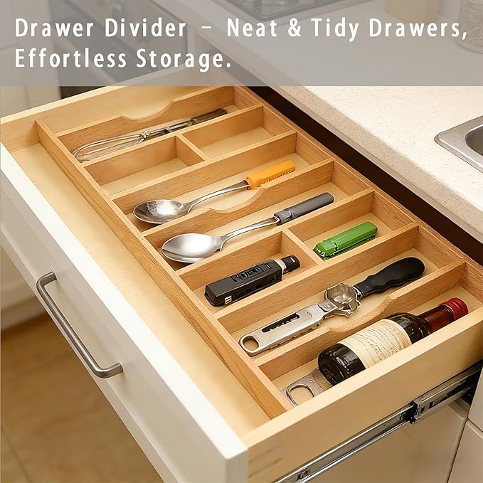 Silverware Drawer Organizer - Trim-to-Fit with Adjustable Dividers for Kitchen Utensil Storage, Beech Wood Frame with 11 Sizes (12.63" W x 22" D)