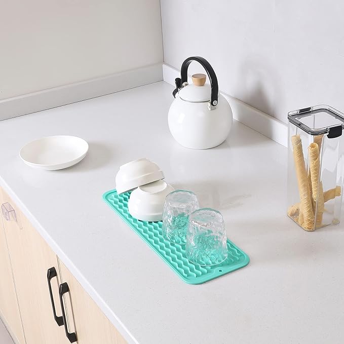 MicoYang Silicone Dish Drying Mat for Multiple Usage,Easy clean,Eco-friendly,Heat-resistant Silicone Mat for Kitchen Counter,Sink,Bar,Bottle,or Cup Mint M 17 inches x 6 inches