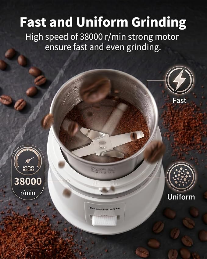 SHARDOR Quiet Coffee Grinder Electric, 70g Removable Bowl Spice Grinder for Coffee Beans, Seeds and Grains, Super Silent Grinding Mill with 60dB Low Noise, 2.5oz Capacity, White