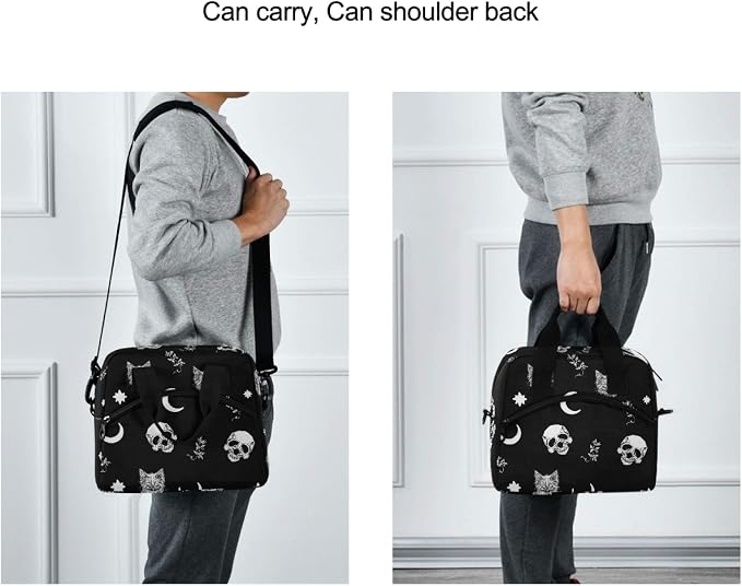 Skull Cat Moon Gothic Insulated Lunch Bag Reusable Lunch Tote Bag Cooler Bag for Women Men Adult Lunch Box with Adjustable Shoulder Strap Leakproof Lunch Bag for Work School Picnic Camping
