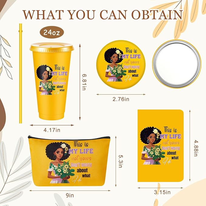 Hollowfly 12Set/48Pcs African Americans Black Women Christian Gifts Set Include 24oz Coffee Cup with Lid and Straw, Makeup Bags, Mirrors, Notepad, Black Owned Inspirational Gift for Women(Colorful)