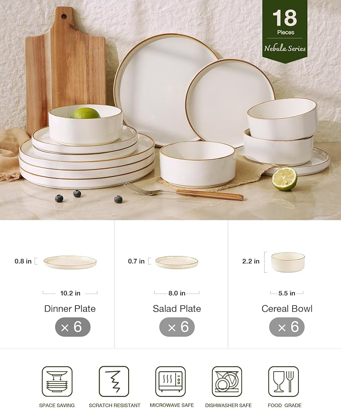 Famiware Nebula Plates and Bowls Sets, 18 Pieces Stoneware Dinnerware Sets, Microwave and Dishwasher Safe Dish Set, Dishware Sets for 6, Vanilla White with Brown Rim