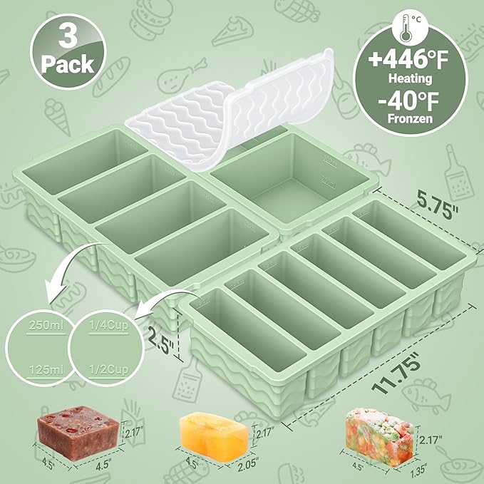 Doasuwish 3-Pack Silicone Freezer Trays with Lid,2 Large 2-Cup(500ml)&4 Medium 1-Cup(125ml)&6 Small 1/2-Cup(75ml) Soup Freezer Container Molds,Ice Cube Tray For Meal Prep&Freezing Soup,Stews,Sauces
