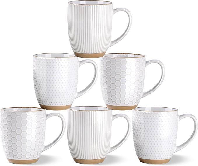 GBhome Large Coffee Mugs Set of 6, 16oz Handmade Embossed Coffee Mugs Set with Large Handle for Cappuccino/Latte/Tea/Hot Cocoa, Dishwasher & Microwave Safe, Off White