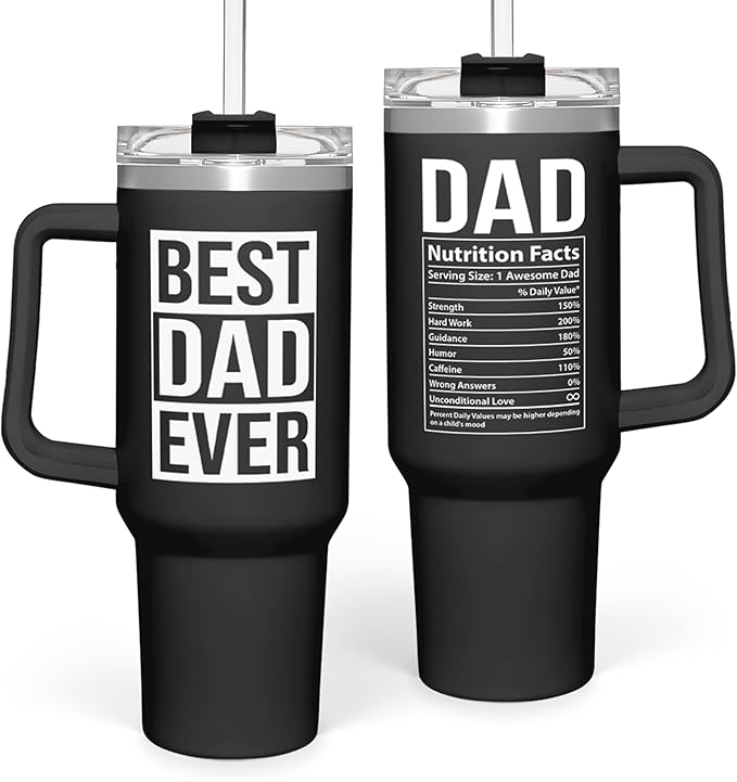 SANDJEST Best Dad Ever Tumbler with Handle 40oz Stainless Steel Insulated Coffee Cup - Gift Set with Lid & Straw for Father’s Day, Birthday, Christmas
