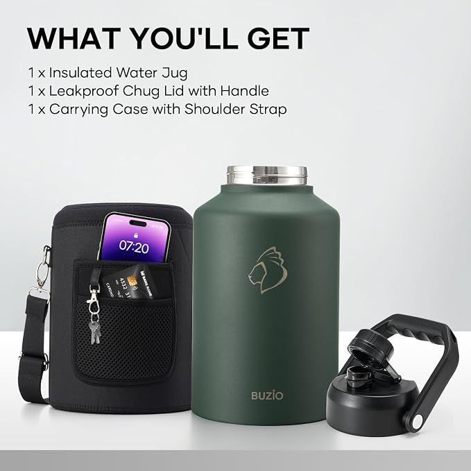 BUZIO 1 Gallon Water Jug Insulated, Stainless Steel Bottle With Large Handle & Spout Lid, 3.58" Big Wide Mouth BPA-Free Leakproof Metal Water Flask For Camping, Adventure, Sports, Green