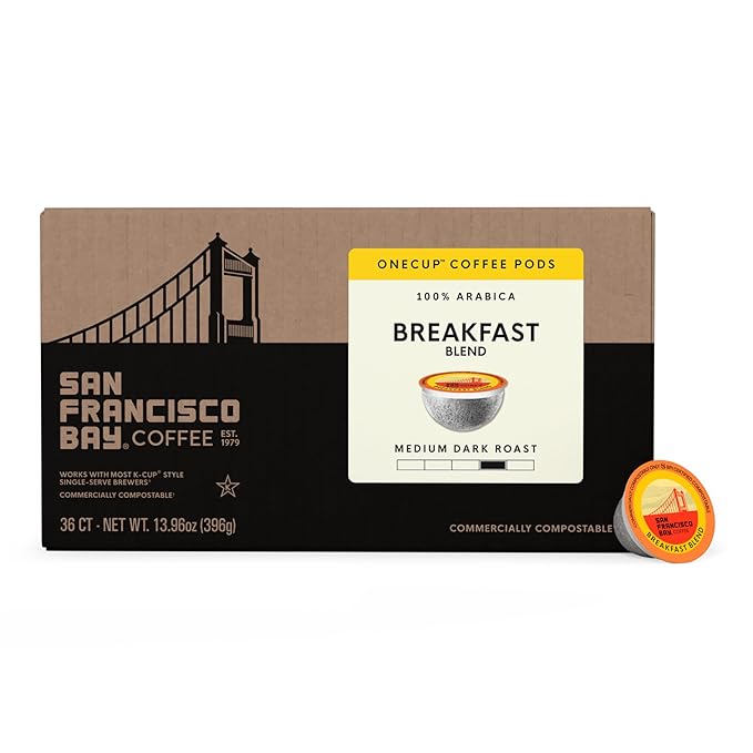 San Francisco Bay K-Cup Coffee Pods, Breakfast Blend (36 ct), Medium Roast, Commercially Compostable Single-Serve Coffee Pods