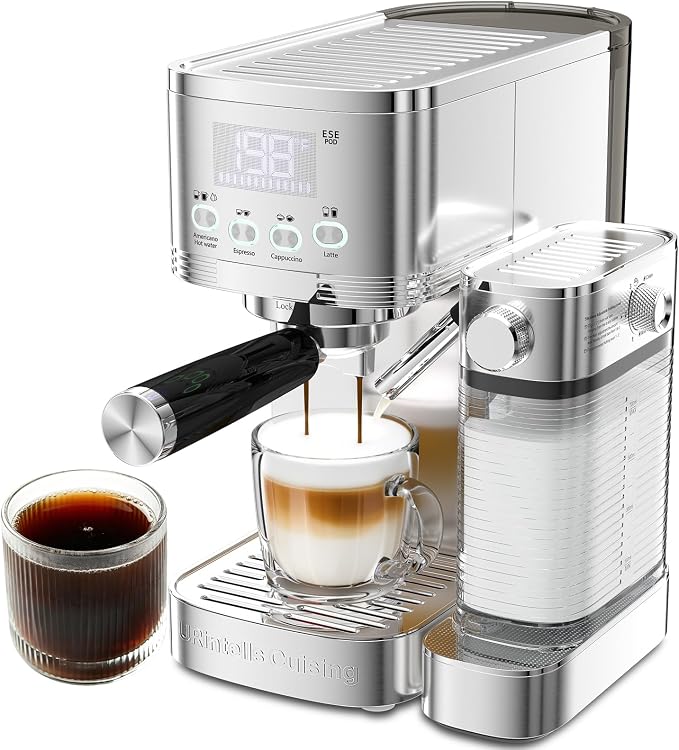 Espresso Machine 20 Bar Temperature Time LED Display Espresso Maker with Stepless Adjustable Automatic Milk Frother for Cappuccino Latte Americano Stainless Steel Coffee Machine with ESE Pod Filter