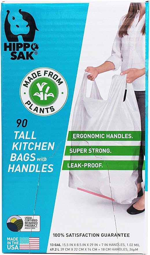 Hippo Sak - Plant Based Tall Kitchen Garbage Bags with Ergonomic Handles - 13 Gallon Trash Bags - Recyclable & Eco Friendly - Super Strong and Leak Proof Tall Kitchen Trash Bags (90 Count)