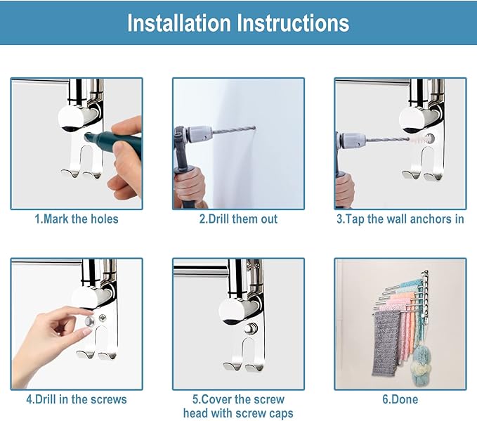 6-Arm Swivel Towel Bar, 180°Rotating Towel Rack Wall Mounted, 304 Stainless Steel Rustproof Heavy Duty Towel Holder for Bathroom Kitchen Laundry Room, Space Saving, Brushed Nickel Finish