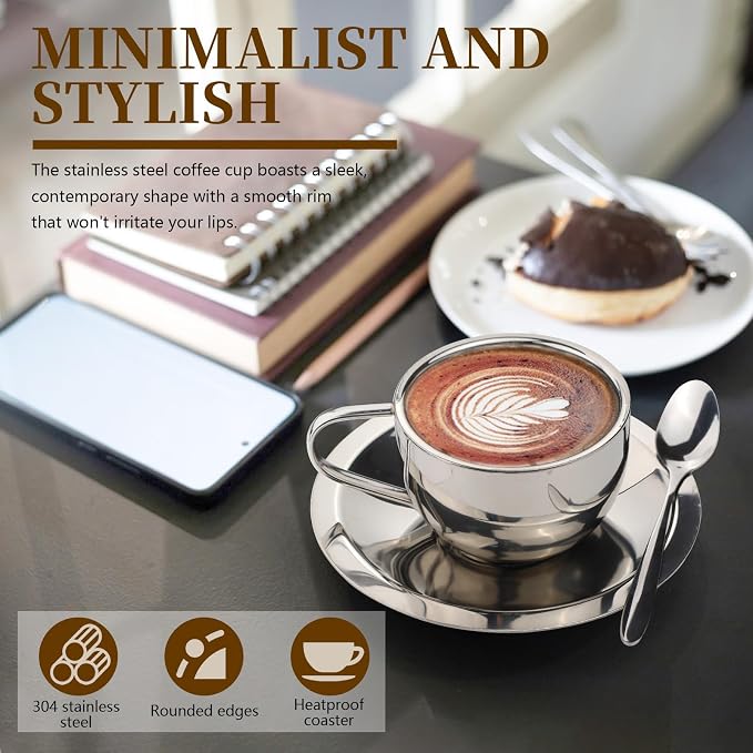 304 Stainless Steel Coffee Cups with Spoon & Saucer, 6.08 Oz Metal Espresso Mugs, Double Walled Insulated Espresso Coffee Cup for Cappuccino Latte Milk Tea Beverages (1 Set，180 ml)