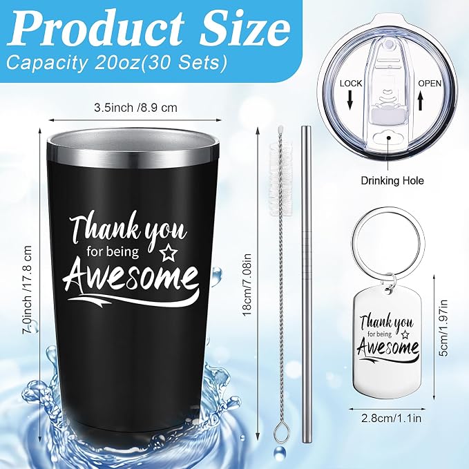 Sieral 60 Pieces Thank You for Being Awesome Tumbler, Thank You Supplies for Women Men 20oz Insulated Stainless Steel Travel Tumbler with Lid and Straw Appreciation Gift with Keychain (Black)