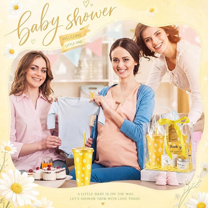 Nuogo 6 Sets New Parent Shower Prizes for Player Winners Adult, Wedding Bridal Shower Gift, Plastic Tumbler Notebook Scented Candle Ballpoint Pen Bag (Yellow Color,Daisy Style)
