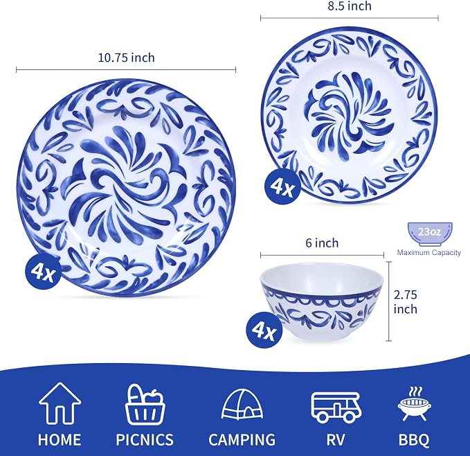 12-Piece Melamine Plates and Bowls Set - Blue & White Dinnerware Set， Service for 4, Lightweight Melamine Dishes Set for Indoor and Outdoor Use，Artistic Blue Floral