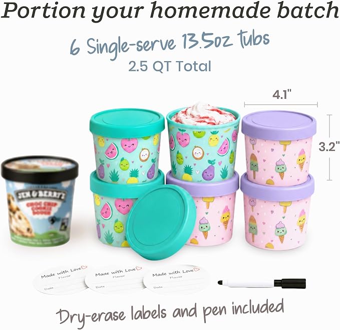 Starpack Freeze The Day Ice Cream Containers for Freezer (6-Pack, 13.5oz) - Dessert Single Serve with Silicone Lids - BPA-Free, Airtight, Reusable for Homemade Ice Cream, Sorbet, Kawaii Pink & Green