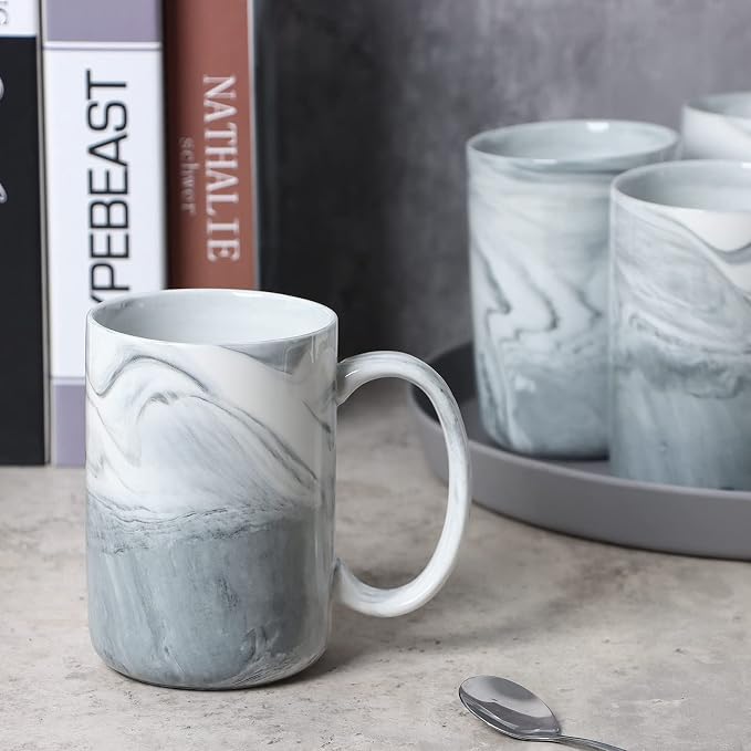 14 OZ Marble Coffee Mugs, M068 Novelty Marble Ceramic Cup for Home and Office, Microwave Dishwasher Safe, Set of 4, Gray