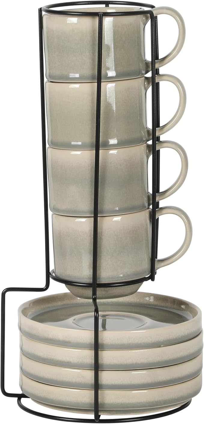 Gibson Elite Sunrise Hills 9-Piece Stackable Stoneware Cup and Saucer Set with Metal Rack, 6 oz, Service for 4, Dishwasher and Microwave Safe, Gray