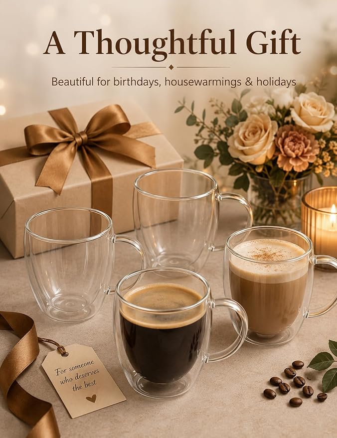 Set of 4 Double Walled Glass Coffee Mugs with Handles, 12oz Clear Coffee Mugs for Hot/Cold Beverages, Insulated Borosilicate Glass Cups for Cappuccino, Espresso, Latte, Tea, Milk, Microwave Safe