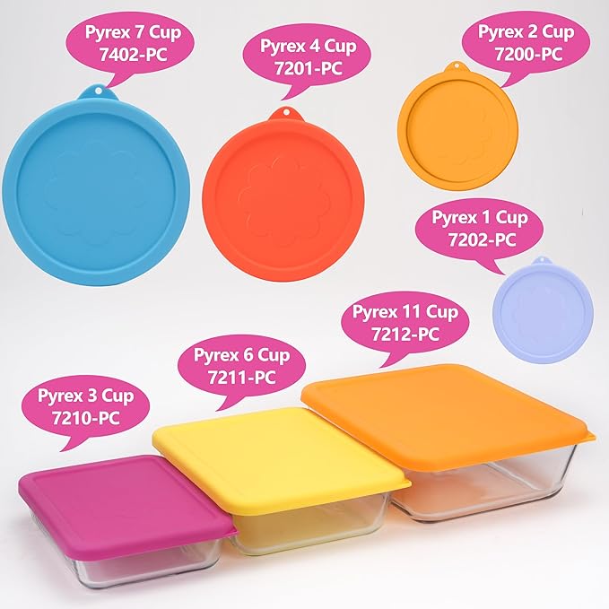 LUVCOSY 1 Cup 2 Cup 3 Cup 4 Cup 6 Cup 7 Cup 11 Cup Round & Rectangle Silicone Storage Cover Lids Replacement for Pyrex Glass Bowls, 7 Pack, Microwave, Dishwasher and Freezer Safe