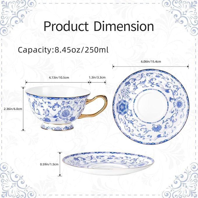KAMMAK Tea Cups and Saucers Set of 2, Porcelain Coffee Cups, Stackable Espresso Mugs, Ceramic Demitasse for Coffee, Cappuccino, Latte, Americano, Tea, Enamel - Blue