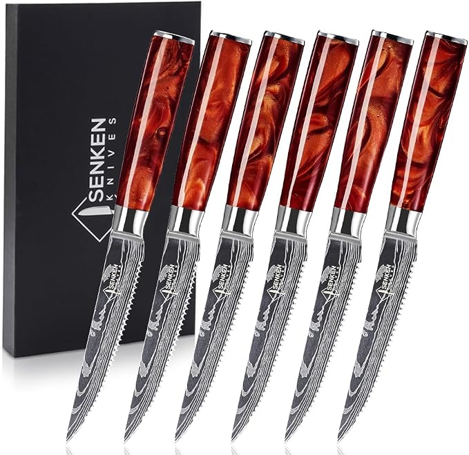 SENKEN Professional Steak Knife Set with Engraved Damascus Pattern, Razor Sharp Blade, High Carbon Stainless Steel with Beautiful Gift Box, Blue & Red Resin Handles