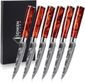 SENKEN Professional Steak Knife Set with Engraved Damascus Pattern, Razor Sharp Blade, High Carbon Stainless Steel with Beautiful Gift Box, Blue & Red Resin Handles