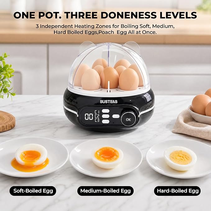 SUSTEAS Breakfast Prep Bundle 9-Capacity Rapid Egg Cooker (Soft/Medium/Hard, Timer, Voice Prompts) and Rotary Cheese Grater (5 Blades, Suction Base, Blade Storage Box) – Premium Black