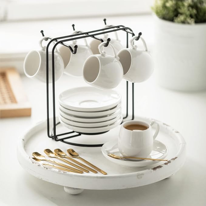 LYEOBOH Espresso Cups with Saucers Set, 3 Ounces Coffee Cups with Metal Stand and Spoons, Ceramic Cappuccino Coffee Cups Demitasse Cups for Espresso, Latte, Cafe Mocha and Tea, Set of 6, White