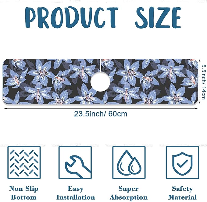 Blooming Lily Sink Splash Guard Faucet Mat Blue Lily Flowers Super Absorbent Fast Drying Mat Sink Gadgets-Splash Guard Behind Faucet Drip Catcher for Kitchen Bathroom, 23.5"x5.5"