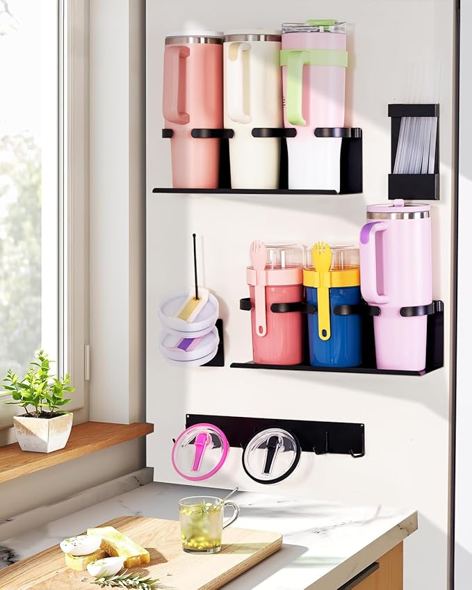 HAMARA Fiber-Steel Magnetic Stanley Cup Holder for Fridge – 5-Piece Tumbler & Lid Organizer Set with Straw Rack & Hook Rail, Water Bottle Storage, Stanley Cup Accessories for Kitchen & Pantry