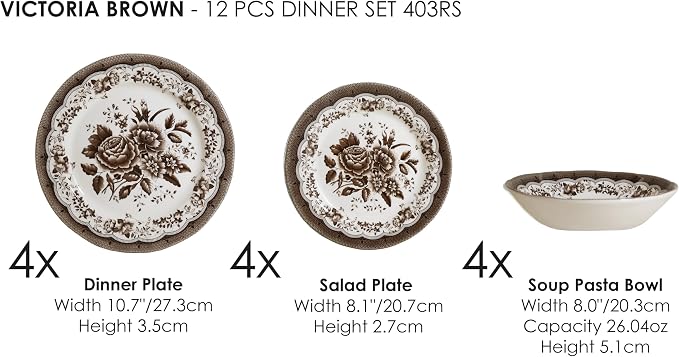 Tudor Royal 12-Piece Round Porcelain Dinnerware Set, Service for 4 - Victoria Brown Design, Brown Floral, Plates Bowls Dishes, Premium Quality Tableware, Unique Pattern, Glossy