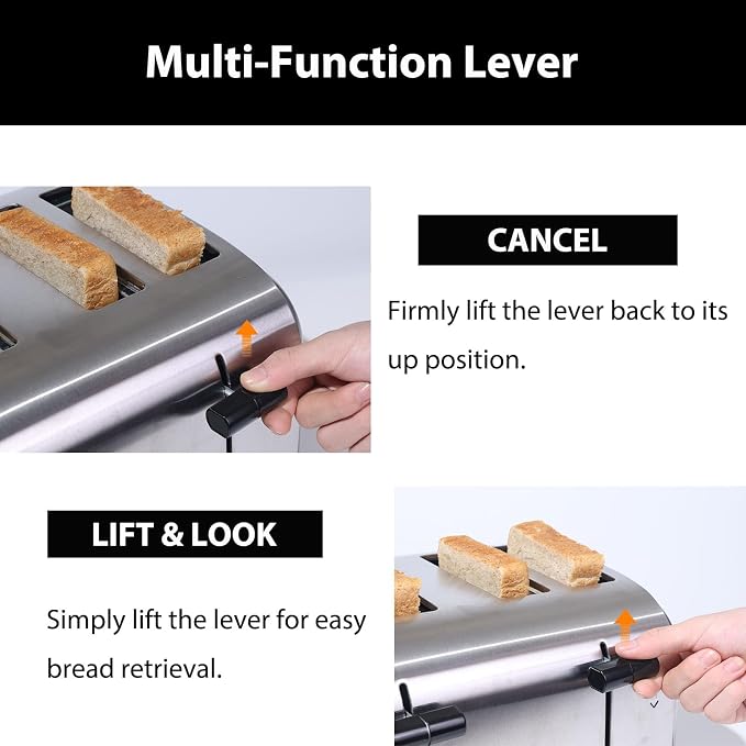 1800W Commercial Grade 4-Slice Pop Up Toaster -Stainless Steel 6-Browning Settings for Bread with Removable Crumb Tray for Bagel Bread English Muffins, Waffles (Commercial & Home Use)