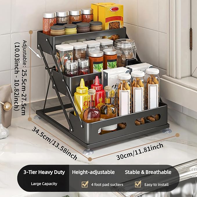 Bokelai Spice Rack for Countertop 3 Tier Foldable Seasoning Organizer Jars Storage Holder Step Shelf for Cabinet Kitchen Black
