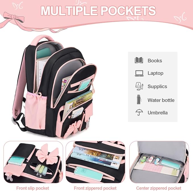 DIGOBAY Girls Backpack - Kids Bento Box Set with Insulated Lunch Bag, Cutlery and Pencil Case, 6 Leak-Proof Compartments, Removable Tray for Girls Teens School Picnic