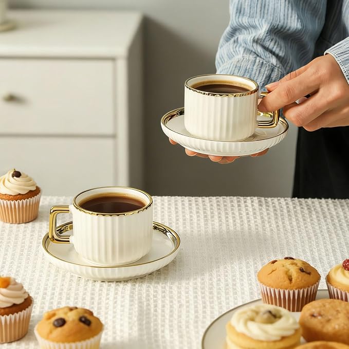 LETAOTAO Espresso Cups Set of 4, 3oz Espresso Cups and Saucers, Ceramic Coffee Cups with Gold Trim, Stackable Mini Demitasse Mugs for Espresso, Cappuccino,Latte, Americano and Tea