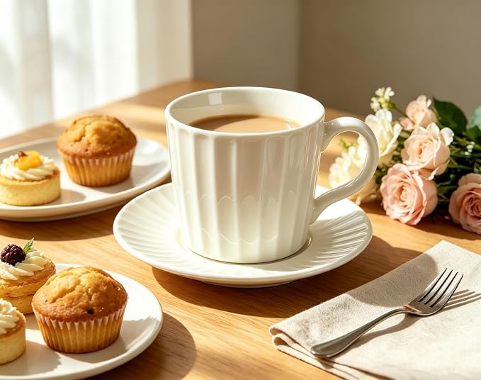 Ceramic Coffee Cup, 8 oz Cappuccino Cups with Saucers, Coffee Cup Set for 4, Pearl Glaze Coffee Cup and Saucer Set for Latte, Mocha, Tea, Café, Dishwasher and Microwave Safe (Pearl White / 200 ml)