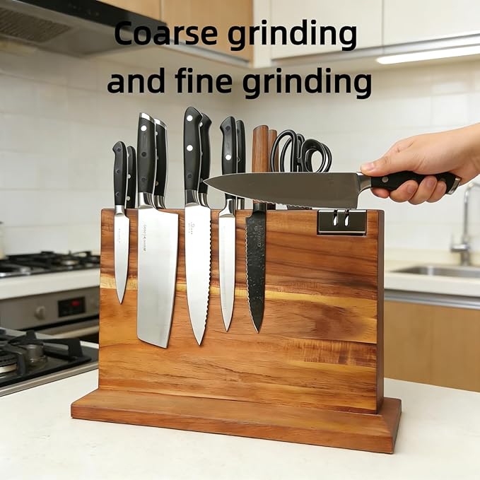 kitchen knife magnetic holder, Double Sided Universal magnetic knife block Rack for Kitchen Counter, Acacia Wood Magnetic Knife Storage Stand with Knife Sharpener,14.5 x 10.8Inches