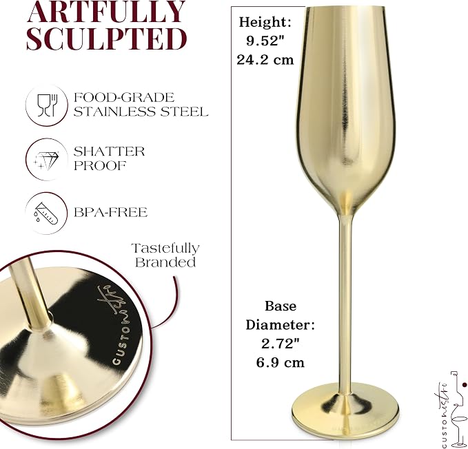 Gusto Nostro Stainless Steel Gold Champagne Flutes Set of 4 - Unique, Unbreakable, Colorful Metal Champagne Glasses - Modern Toasting Flutes - Luxury Wedding Gifts for Couple - Wedding Registry Idea
